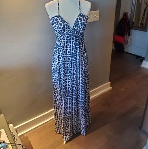 Tart cross back, blue and white, maxi dress